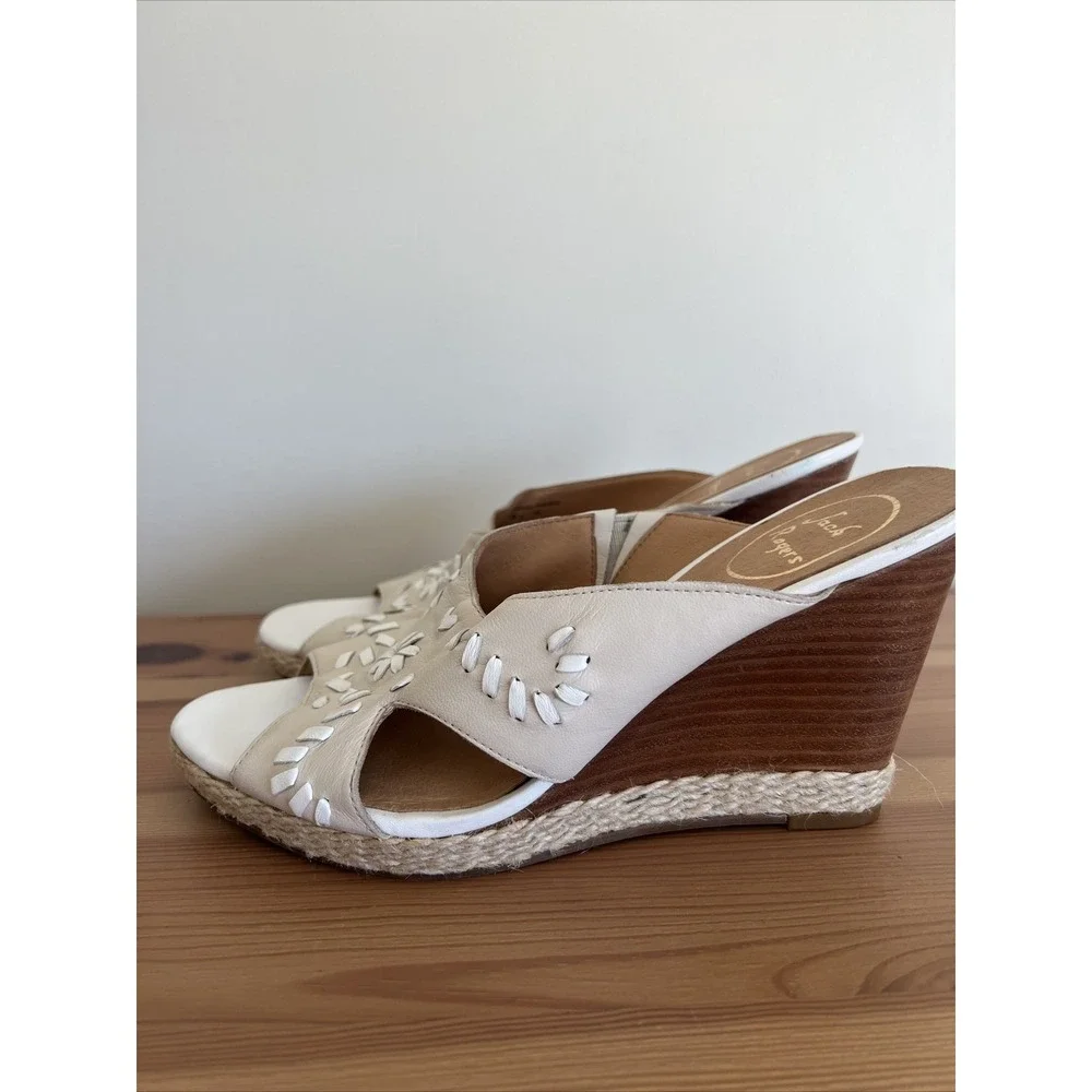 Jack Rogers Leather Slide Wedge Heel Sandals Shoes Women's 7.5 Tan White Cute